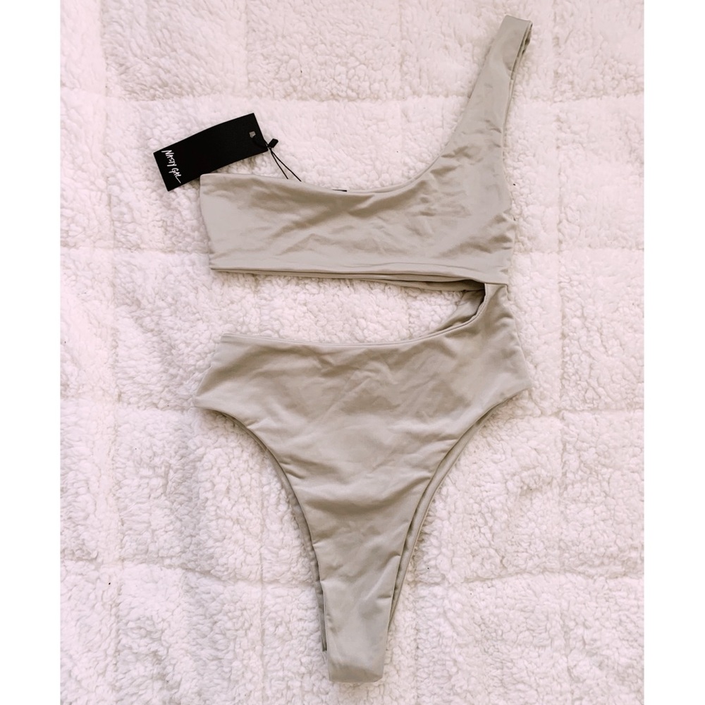 Nasty Gal one-shoulder, cut-out swimsuit.